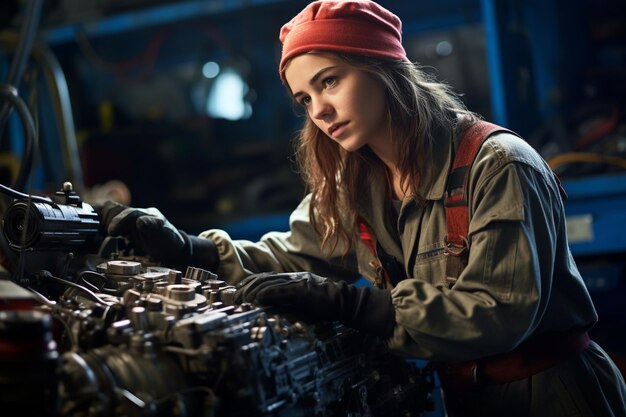 Photo auto car mechanic woman repairing the car bokeh style background