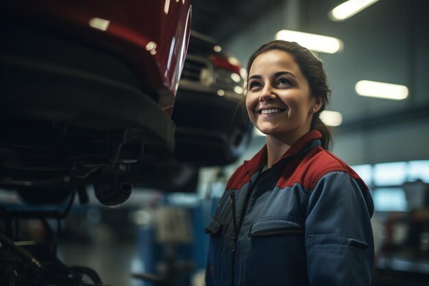 auto car mechanic woman smiling bokeh style background