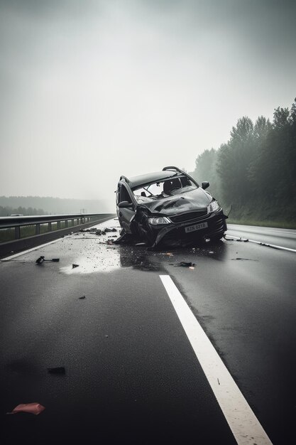 auto crashte op een snelweg op een regenachtige en mistige dag