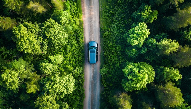 Foto auto die langs een asfaltweg in het bos rijdt