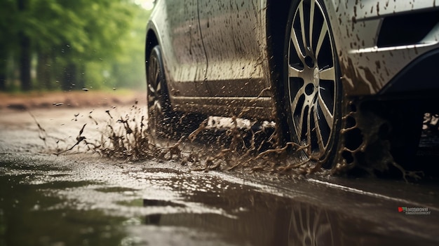 Foto auto die op de weg rijdt met de regendruppels op de regenachtige dag