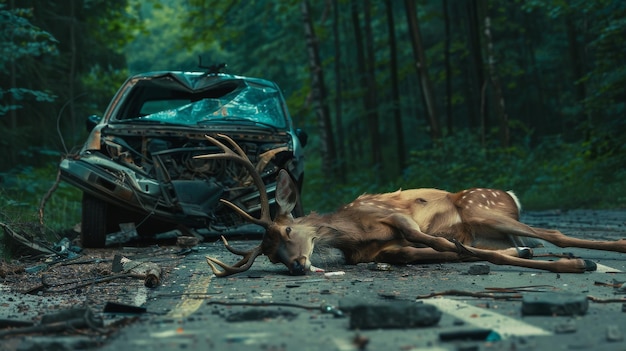 Auto- en hertenongeluk met Copy Space Gewond dier en beschadigde auto in het bos