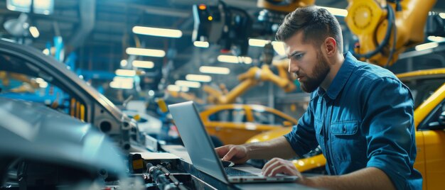 Photo auto factory engineer working with laptop computer using robotic arms technology automated assembly line in an automotive manufacturing facility
