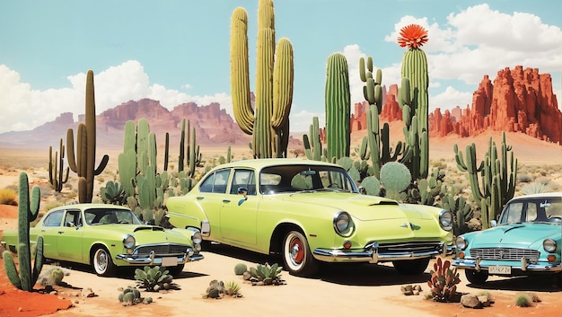 Auto in de woestijn met cactus s prachtig uitzicht op de heuvels van Toscane Ai gegenereerd