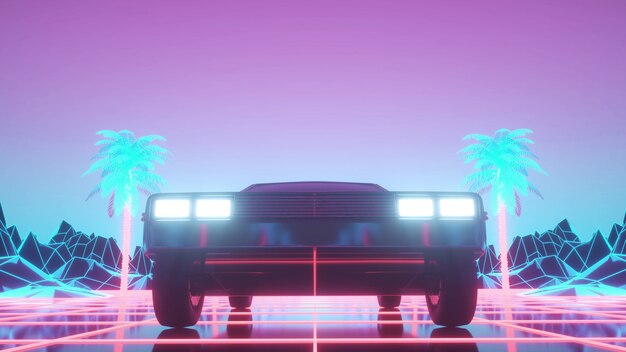 Foto auto in neon cyberpunk-stijl. retro futuristische autorit door neonstad. 3d-rendering.