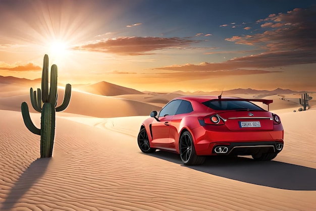 Auto in woestijn met cactus grote mooie scène