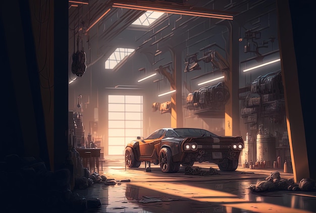 Auto maintenance facility in the backdrop with soft focus and excessive lighting