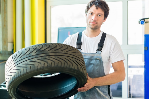 Auto mechanic changing tire in car workshop