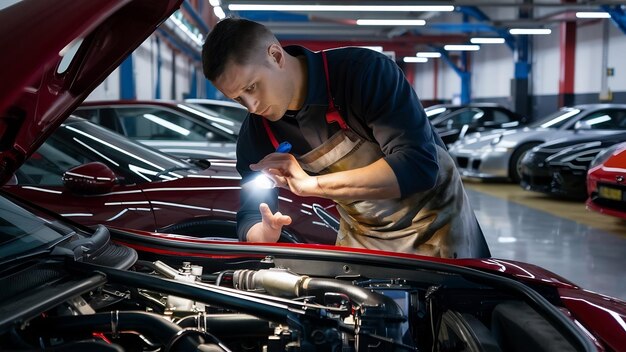 Auto mechanic checking car