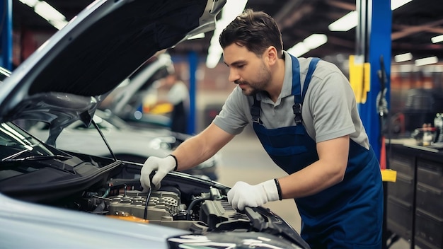 Auto mechanic checking oil in car engine while working in auto repair workshop