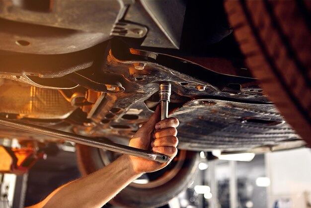 Auto mechanic checking running gear of automobile on service station Male worker fixing problem with car Vehicle maintenance concept