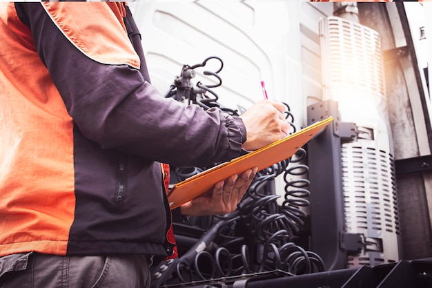 Auto Mechanic Driver Holding Clipboard is Checking Maintenance and Safety Semi Truck