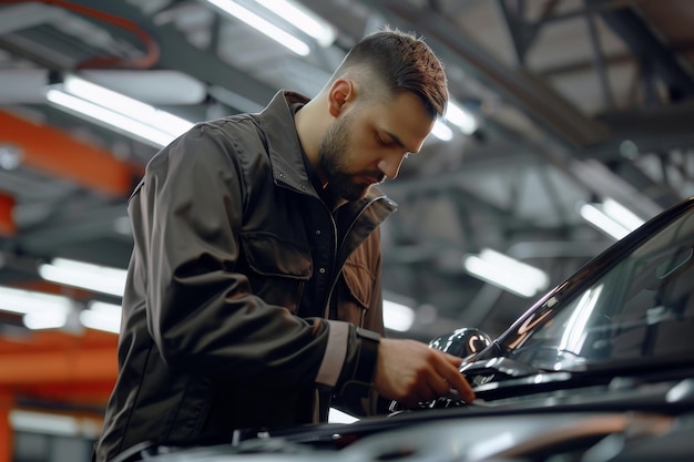 Auto mechanic finetuning a car at the workshop