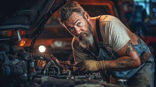 auto mechanic looking at a car at a service station