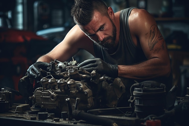 Auto mechanic repairing car engine