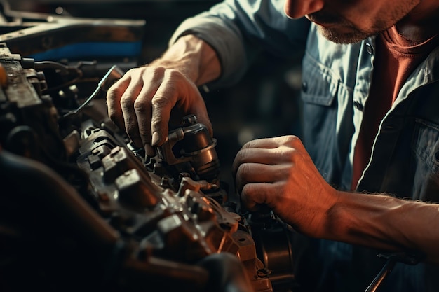 Auto mechanic repairing car engine