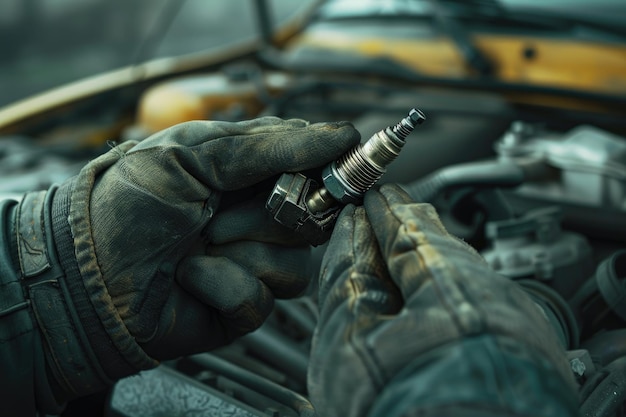 Auto mechanic replacing spark plug on car engine