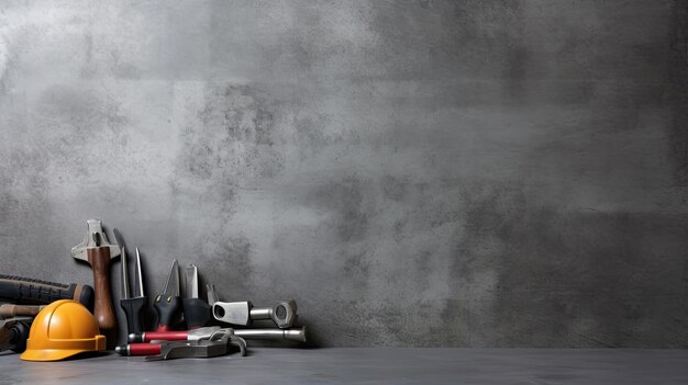 Auto mechanic's tools on grey stone table with copy space