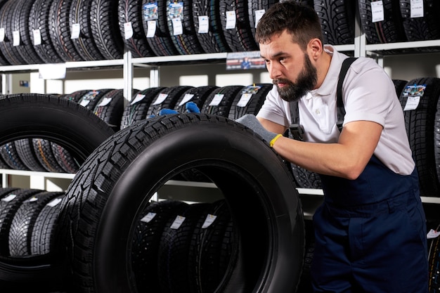 Auto mechanic salesman examining tire surface in his shop against the background of tires assortment. automobile, cars, vehicle, transport concept