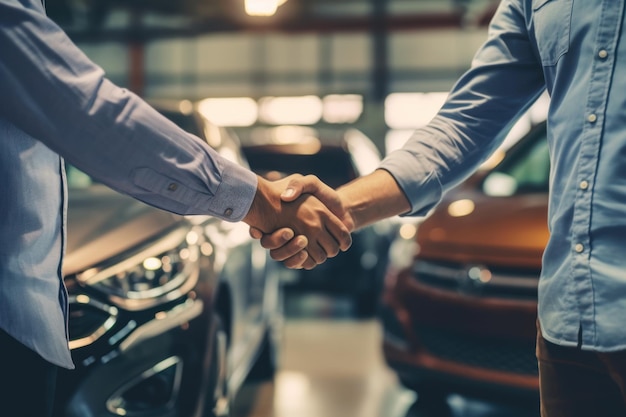 Photo auto mechanic shaking hands with customer in garage an automotive service manager working in an auto mechanic factory feeling happy and successful after the examination