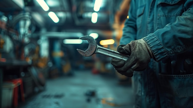 A auto mechanic standing closer to a garage holding a wrench in his hands and space Generative AI