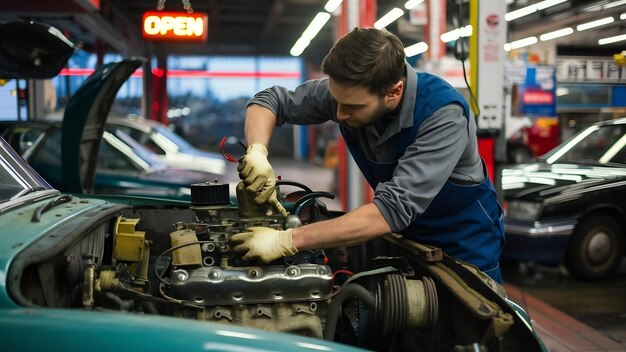 Auto mechanic with tool working check and fixed an old car engine at service stationchange and rep