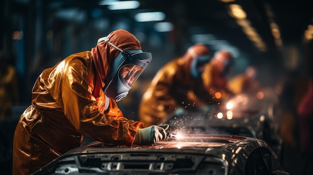 auto mechanic worker painting automobile repairman painter in protective workwear