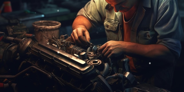 Auto mechanic working in auto repair service Mechanic repairing car engine with AI generated