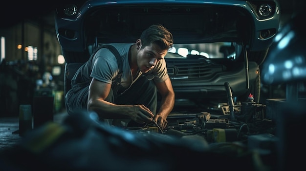 Photo auto mechanic working in auto repair service mechanic repairing cargenerative ai