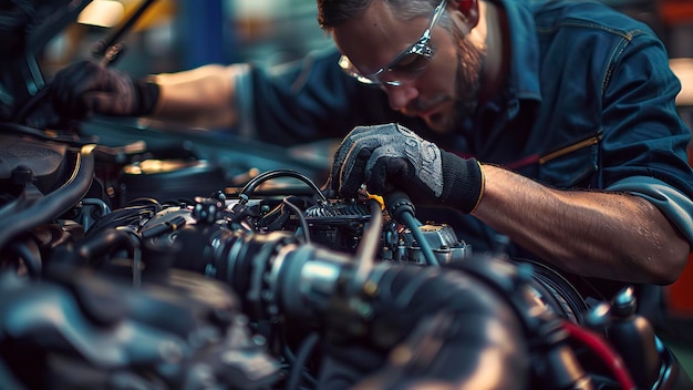 auto mechanic working in workshop close up a car mechanic repairing car engine worker at the work