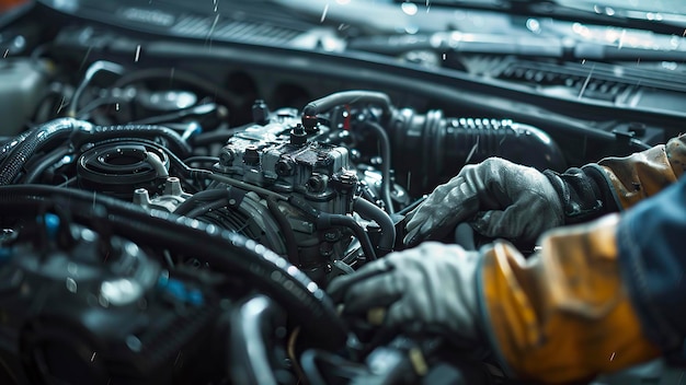 auto mechanic working in workshop close up a car mechanic repairing car engine worker at the work