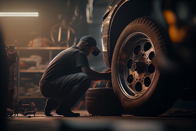 Photo auto mechanic works in a garage and changes a tiregenerative ai