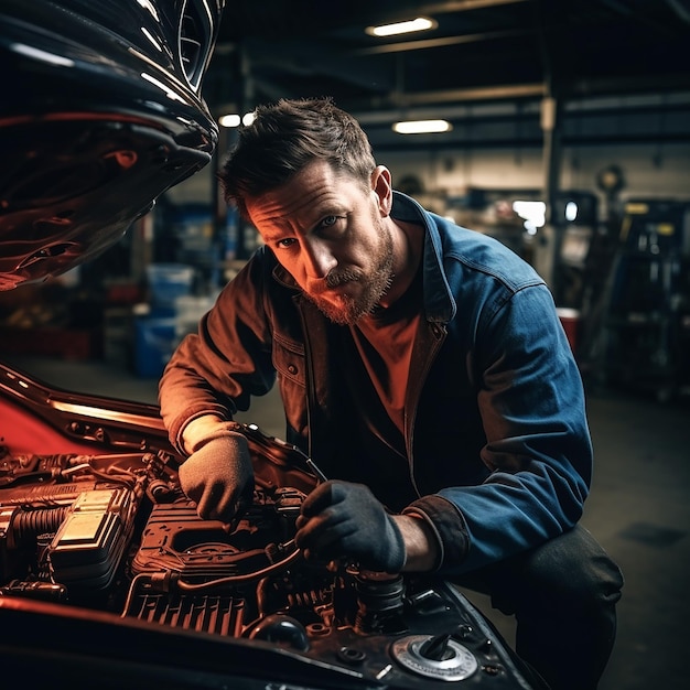 Foto auto-mechanicus die auto's repareert in een auto-werkplaats