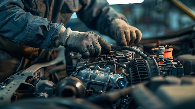 auto-mechanicus die in een werkplaats werkt dichtbij een auto-mechnicus die auto-motoren repareert werknemer op het werk