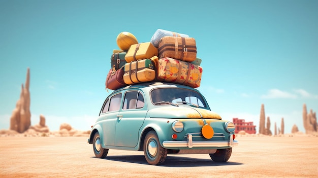 Auto met bagage op het dak klaar voor zomervakantie