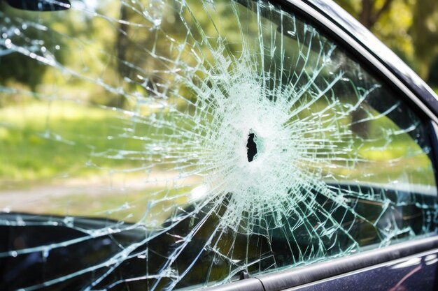 Foto auto met een gebroken voorruit en grote deukken door de inslag van een dier