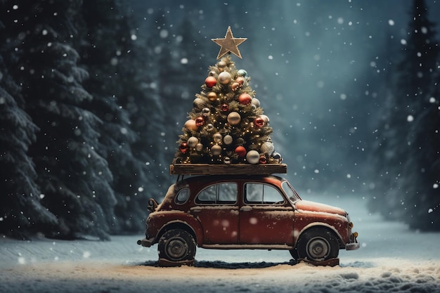 Auto met kerstboom in sneeuwval AI