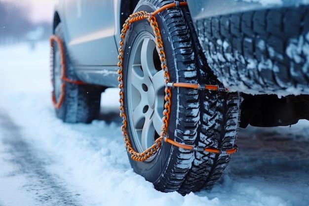 Auto met ketting aan zijn voorband in de sneeuw Generatieve AI