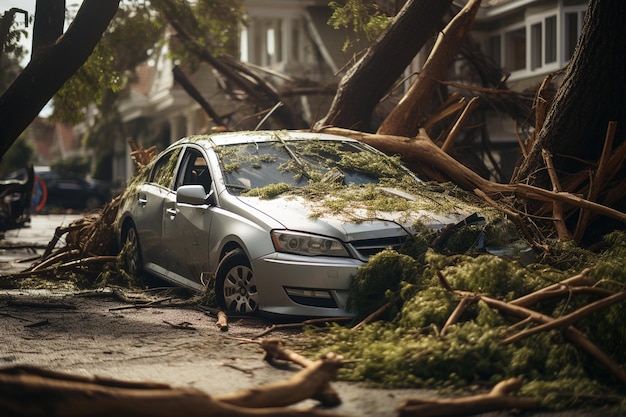 Auto onder omgevallen boom na de stormgeneratief door Ai