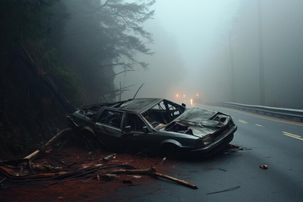 Foto auto-ongeluk als gevolg van mist botste voertuig slecht zicht op de weg generatieve ai