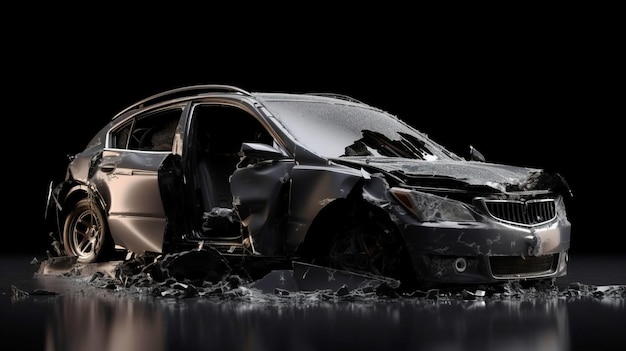 Auto-ongeluk gebroken beschadigd lichaam metaal Levensverzekeringstechnologie Zwarte auto zwarte achtergrond Header banner mockup met kopie ruimte AI gegenereerd