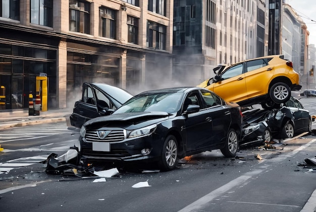 Auto-ongeluk gevaarlijk ongeluk op stedelijke weg straat Crossover voertuig auto verpletteren naast een andere