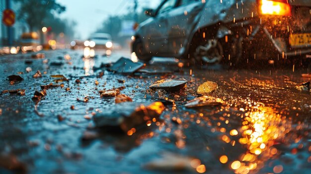 Auto-ongeluk op natte asfaltweg na zware regen in de avond