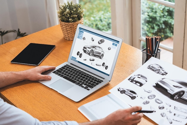 Auto ontwerper zorgvuldig analyseren auto prototype synchronos