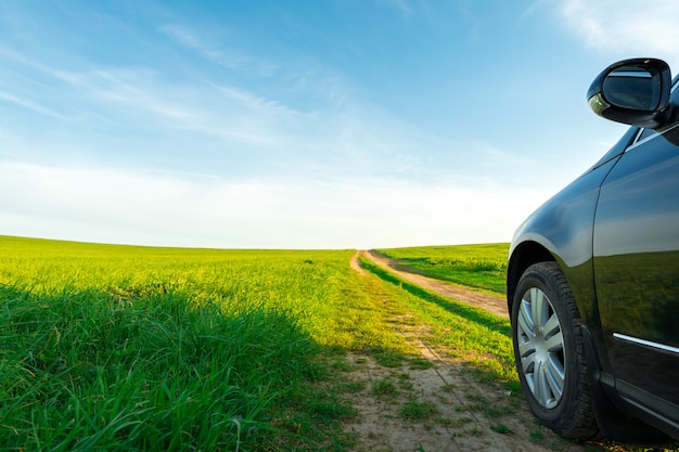 Auto op een onverharde weg in een veld met zonnebloemen en tarwe met zonlicht