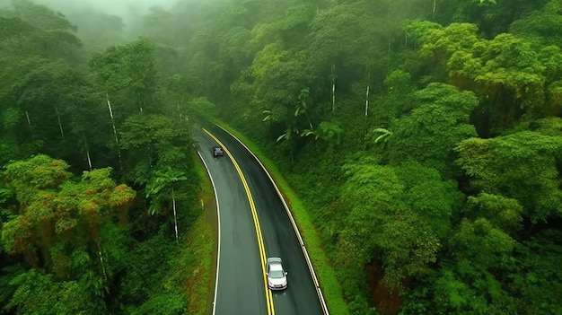 Auto op landelijke weg in diep regenwoud met uitzicht op groen boombos van bovenaf