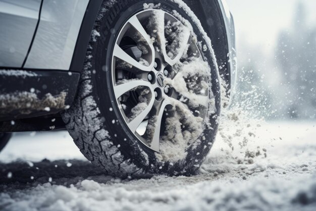 auto op sneeuwweg met MS-banden die door een lichte sneeuwval rijden