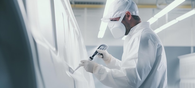 Auto Painter Spraying White Paint on Car Door