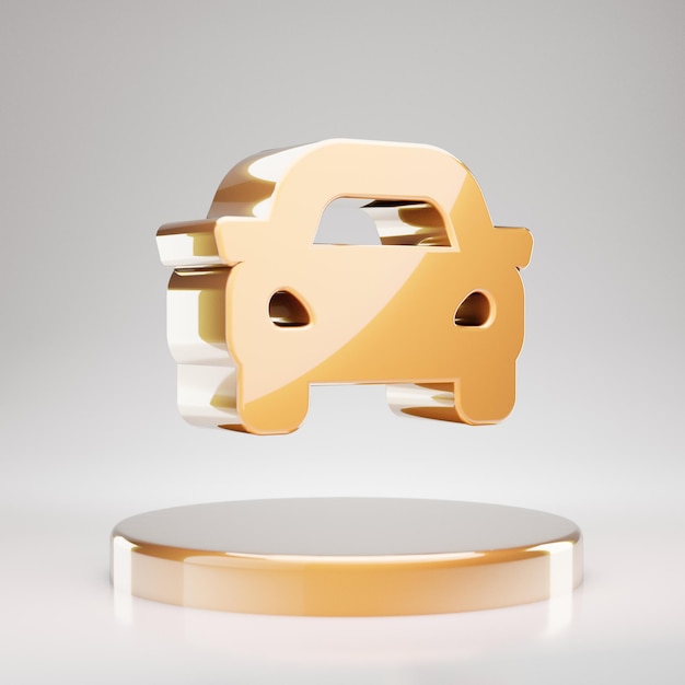 Auto pictogram. Geel gouden autosymbool op gouden podium. 3D-gerenderde sociale mediapictogram.