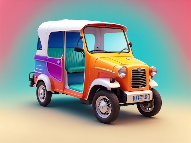 Auto Rickshaw Bajaj TukTuk 3D-weergave op een kleurrijke gradiënt achtergrond